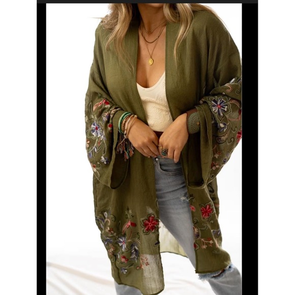 Three Bird Nest Womens Green Floral Embroidered Kimono OS Boho Indie Festival - Picture 11 of 12